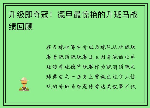 升级即夺冠！德甲最惊艳的升班马战绩回顾