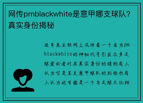 网传pmblackwhite是意甲哪支球队？真实身份揭秘