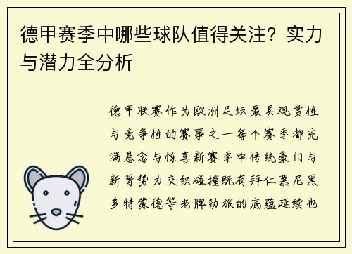 德甲赛季中哪些球队值得关注？实力与潜力全分析